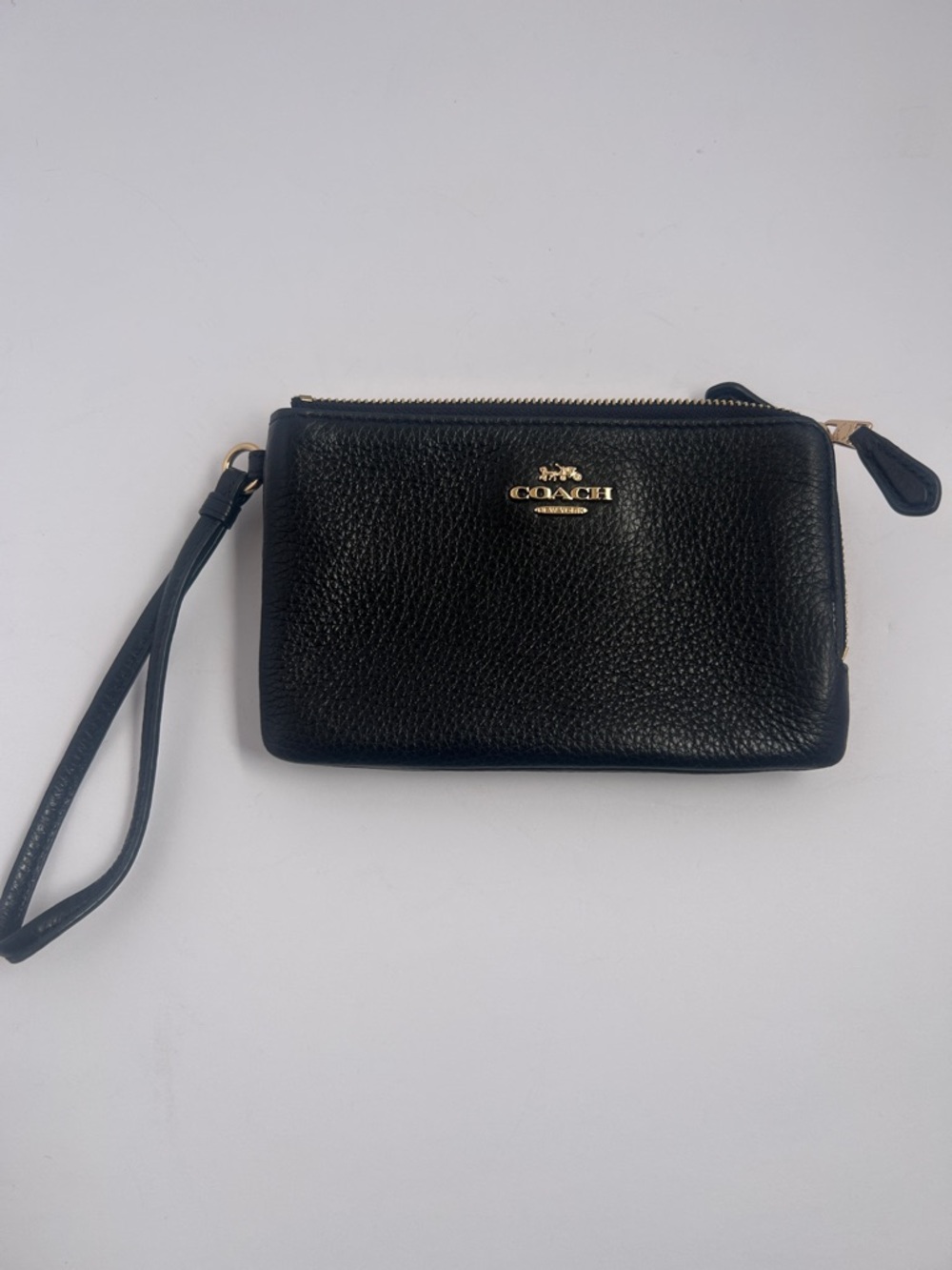 Coach Black Pebbled Leather Wristlet with Gold Logo
